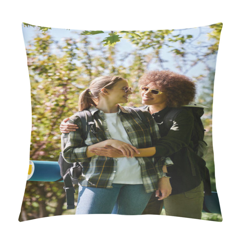 Personality  A Young, Multicultural Lesbian Couple Hikes Through The Woods On A Sunny Day, Sharing A Loving Embrace. Pillow Covers