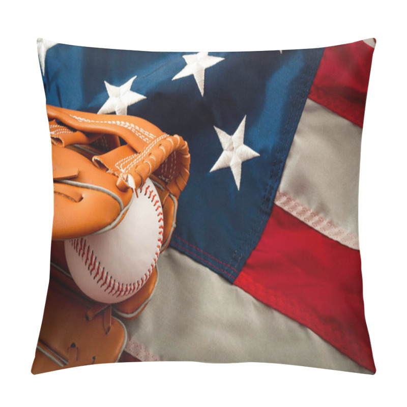 Personality  American Sports And College Athletics Concept With The USA Flag In The Background And Macro On A Vintage Baseball Glove Holding A Ball With Copy Space Pillow Covers