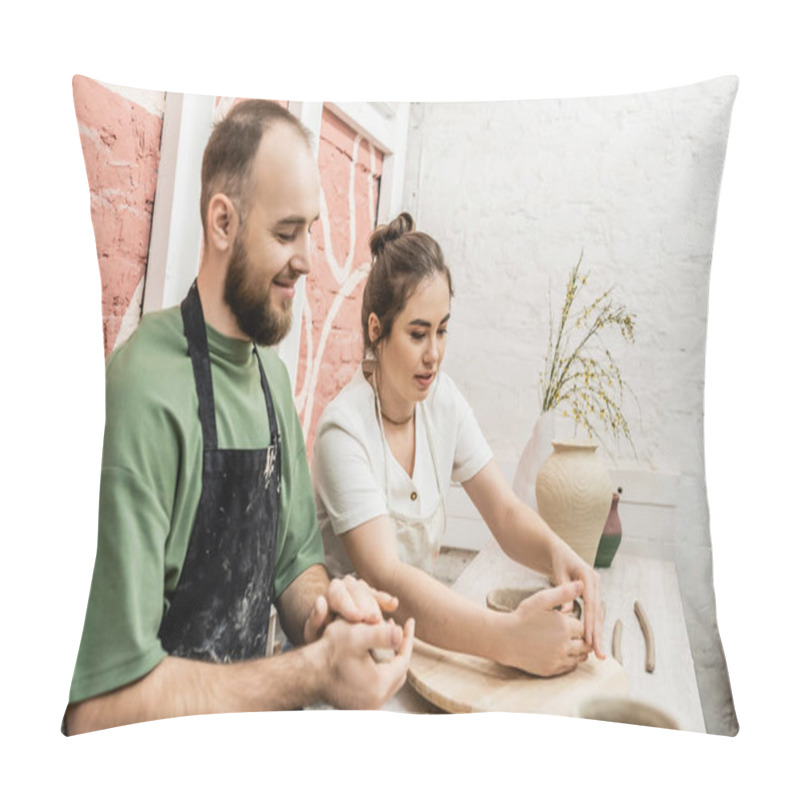 Personality  Craftswoman In Apron Talkig To Boyfriend And Shaping Clay Bowl In Ceramic Workshop Pillow Covers