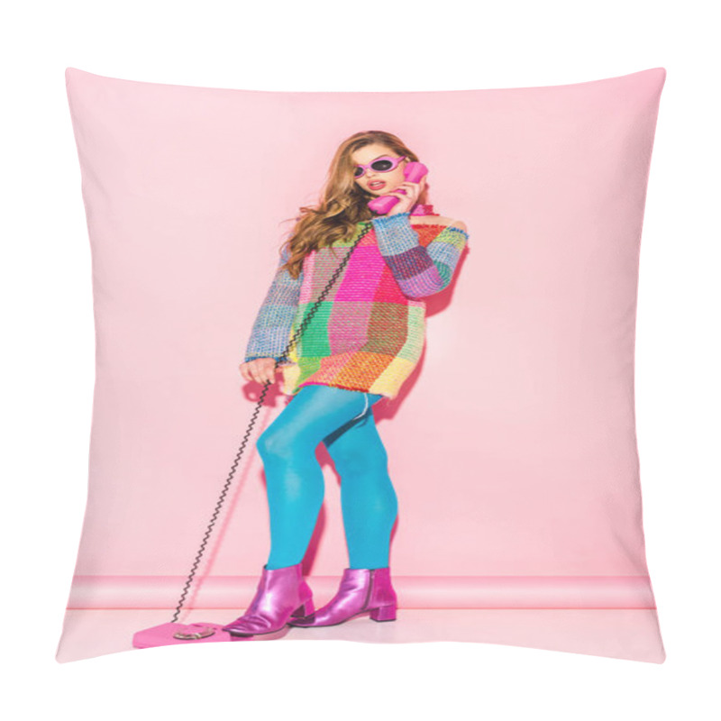 Personality  Surprised Young Woman In Sunglasses And Checkered Dress Talking On Retro Phone On Pink Pillow Covers