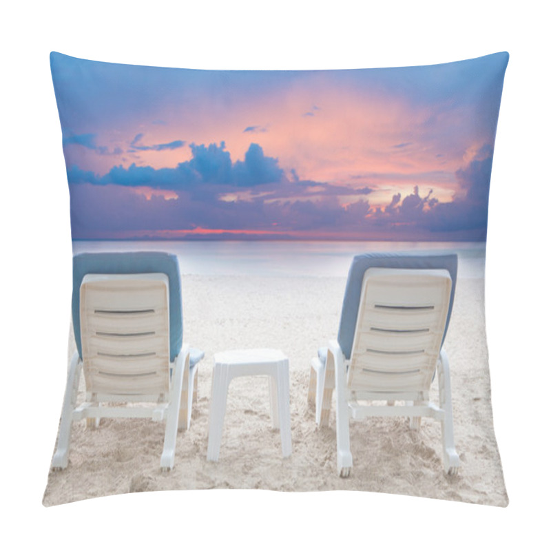 Personality  Couples Of Chairs Beach On White Sand With Dusky Sky Background Pillow Covers