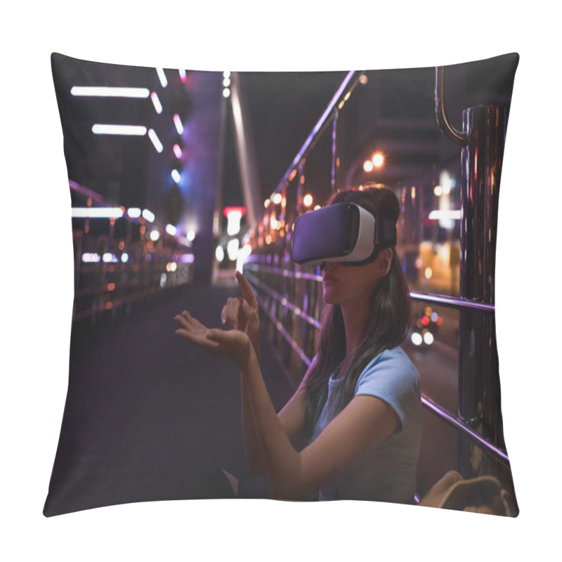 Personality  Young Woman In Virtual Reality Headset Sitting On Street With Night City On Background Pillow Covers