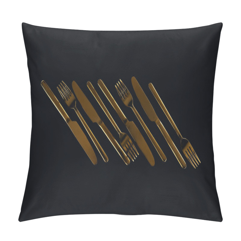 Personality  Flat Lay Of Metal Cutlery Isolated On Black Pillow Covers