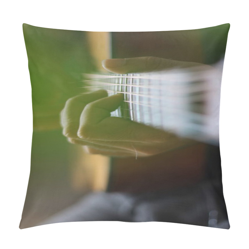 Personality  Hrough The Cut-outs Of A Monstera Leaf, Hands Can Be Seen Playing Chords And Melodies On The Neck Of An Acoustic Guitar Pillow Covers