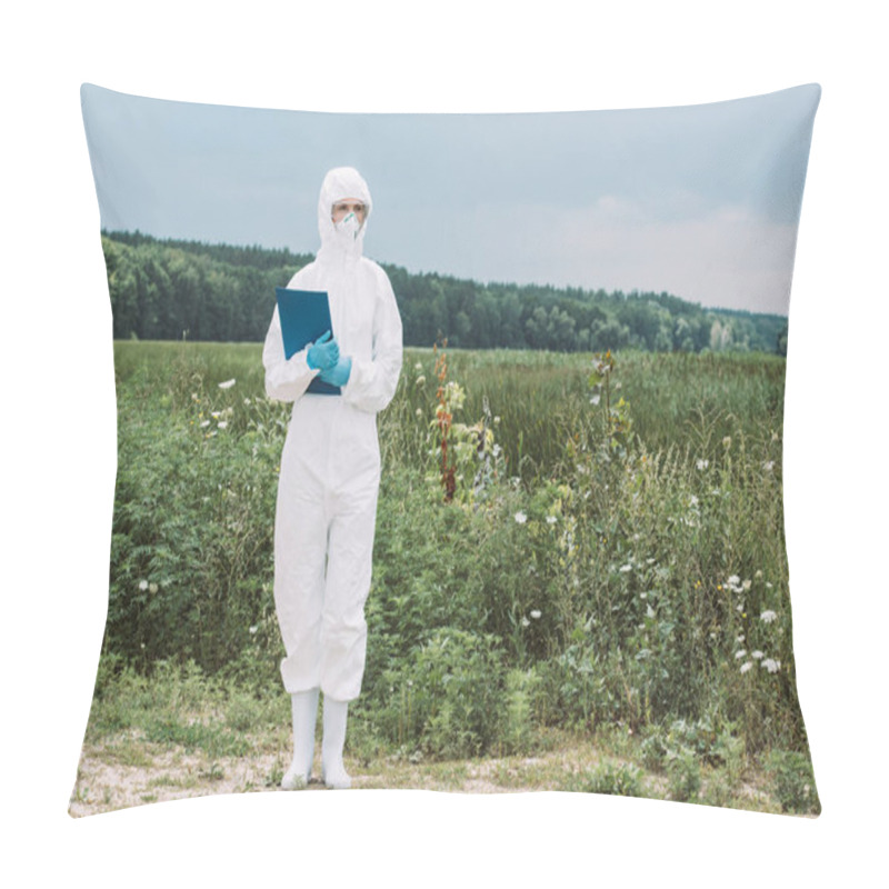 Personality  Female Scientist In Protective Suit And Googles Holding Clipboard In Meadow  Pillow Covers