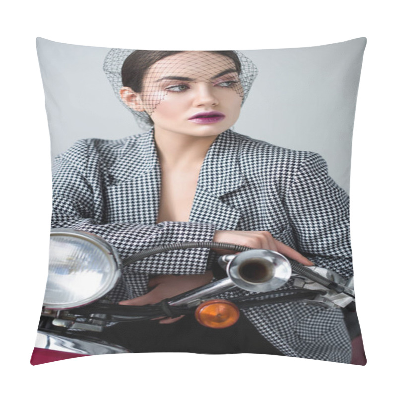 Personality  Elegant Woman In Jacket And Net Veil Posing On Retro Classic Scooter, Isolated On Grey Pillow Covers