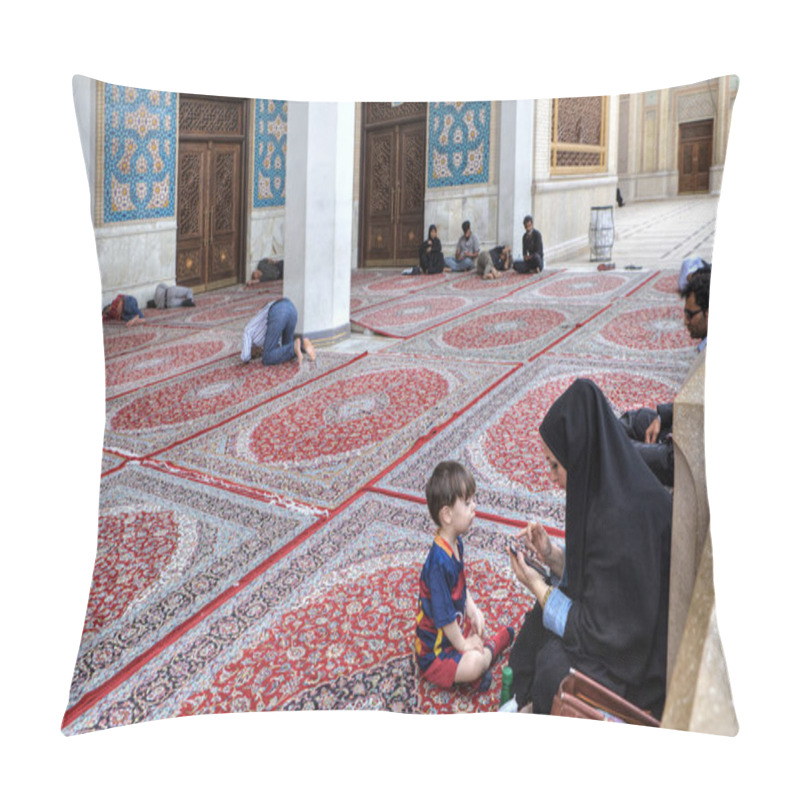 Personality  Islamic Woman With Child Is Sitting In Courtyard Of Mosque, Shiraz, Iran. Pillow Covers