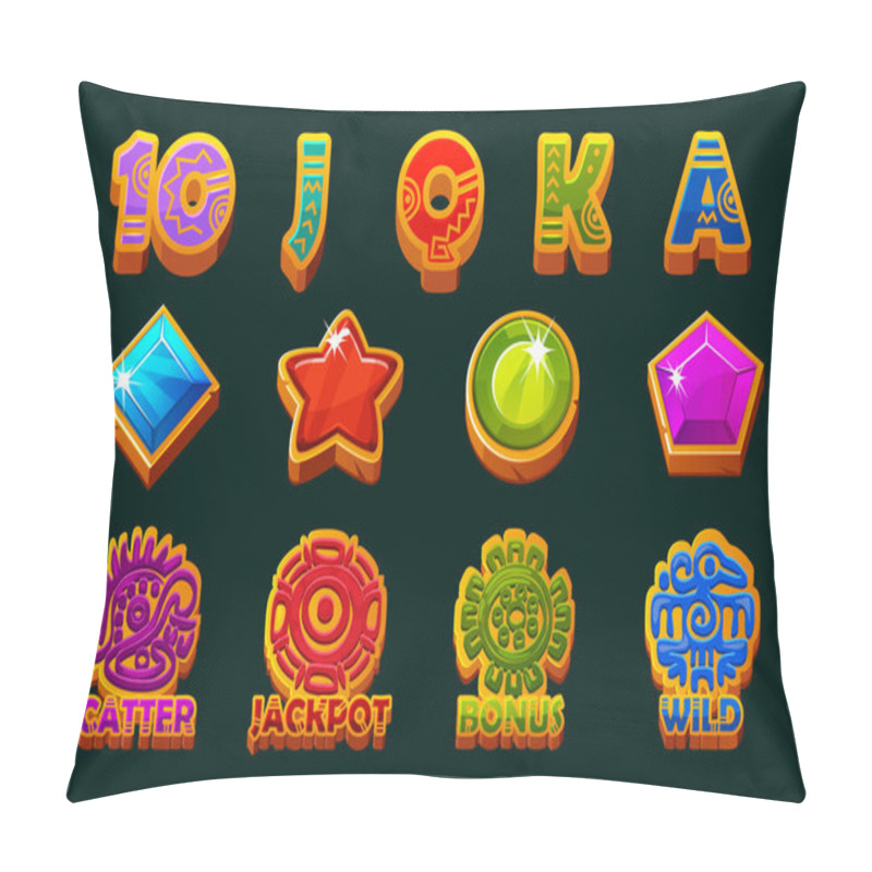 Personality  Set Of 12 Slot Symbols Aztec Or Mayan Theme. Ui Element For Jackpot In Gambling. Colored Style Icons For 2D Games And Casino Or Slots. Graphic Elements For The Development Of Slot Machines. Pillow Covers