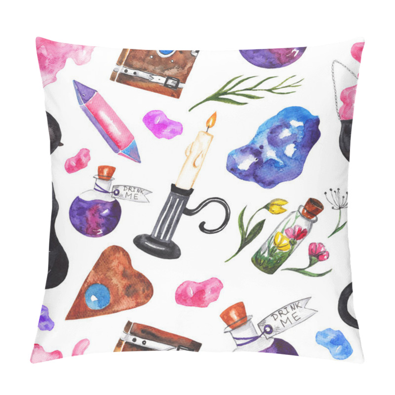 Personality  Seamless Pattern With Magic Things. Magic Book, Potion, Cauldron, Crystal, Magic Stones, Candle, Black Cat, Dried Flowers. Witch's Background Pillow Covers