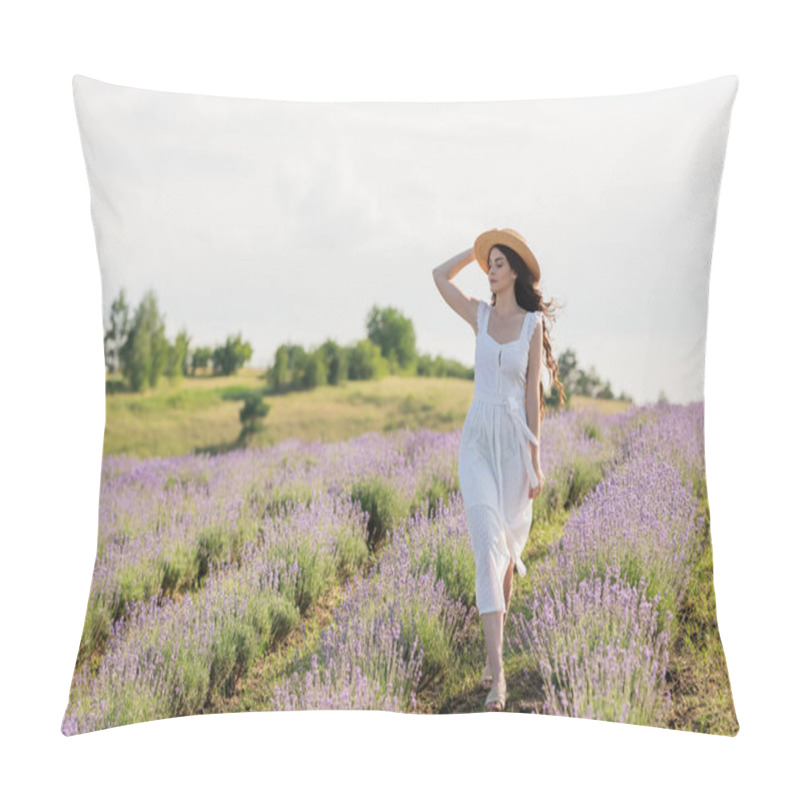 Personality  Full Length Of Woman In Straw Hat And White Dress Walking In Lavender Field Pillow Covers