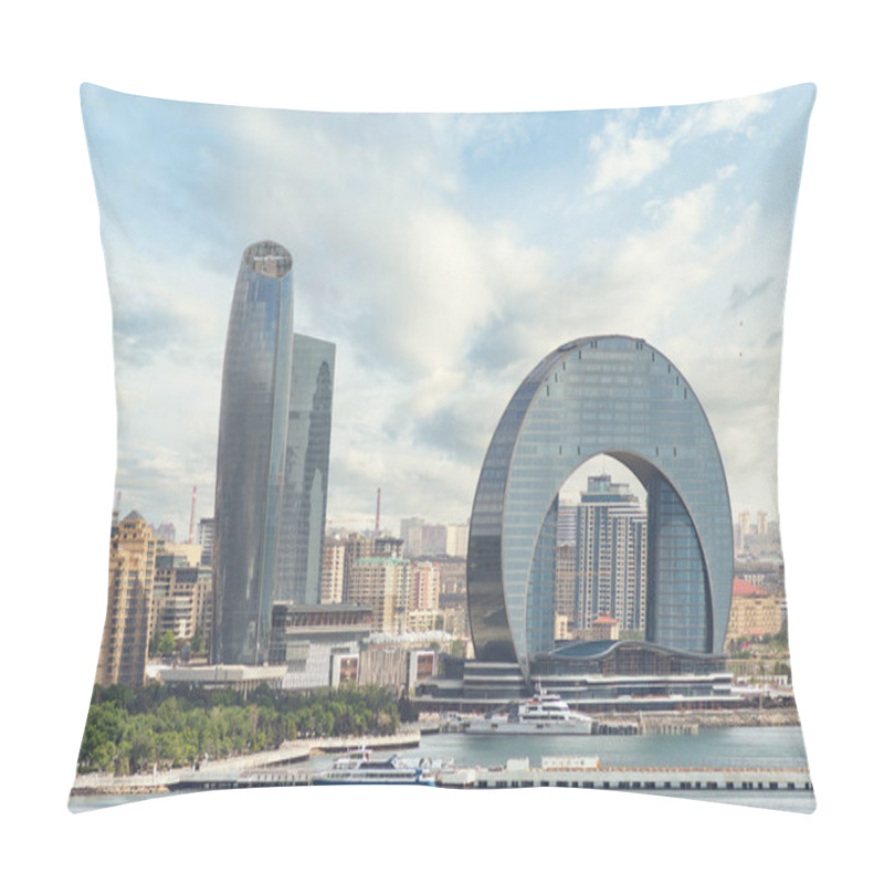 Personality  The Crescent Development Project Showcases Modern Architecture, Highlighted By The Crescent Hotel, Against A Clear Sky On Baku Boulevard, Azerbaijan Along The Caspian Sea Coast Pillow Covers