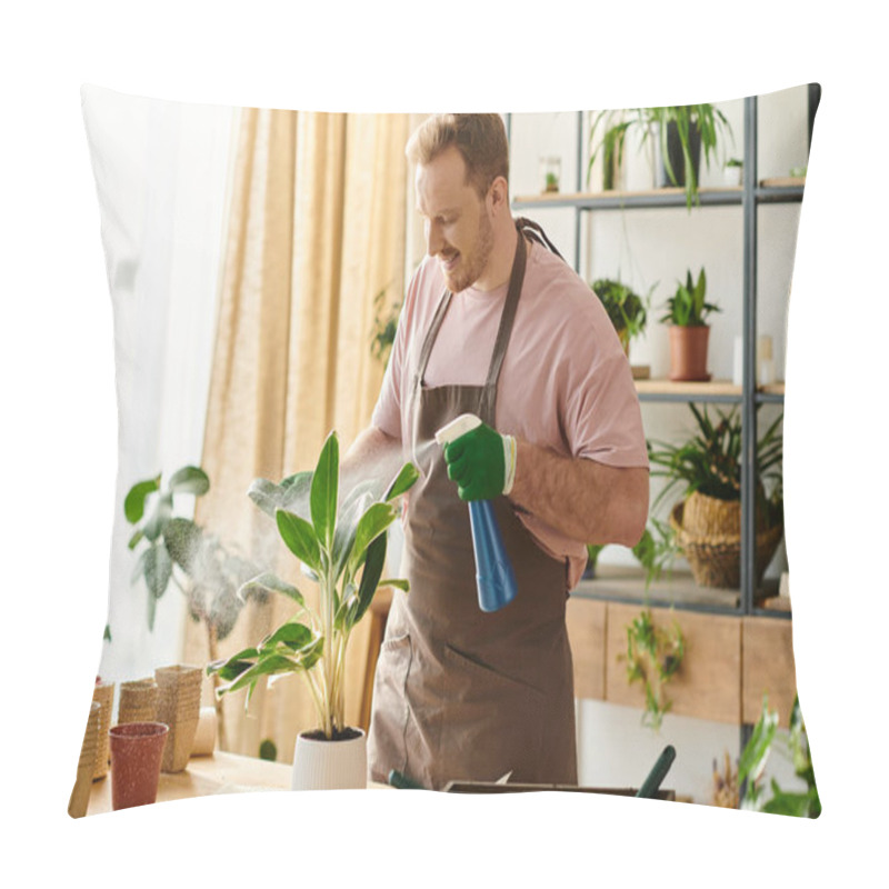 Personality  A Man In An Apron Attentively Waters A Potted Plant In A Cozy Plant Shop Setting, Embodying The Essence Of Small Business Ownership. Pillow Covers