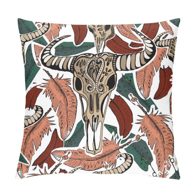 Personality  Vector Hand Drawn Buffalo Skulls. Tribal Elements. Seamless Patt Pillow Covers