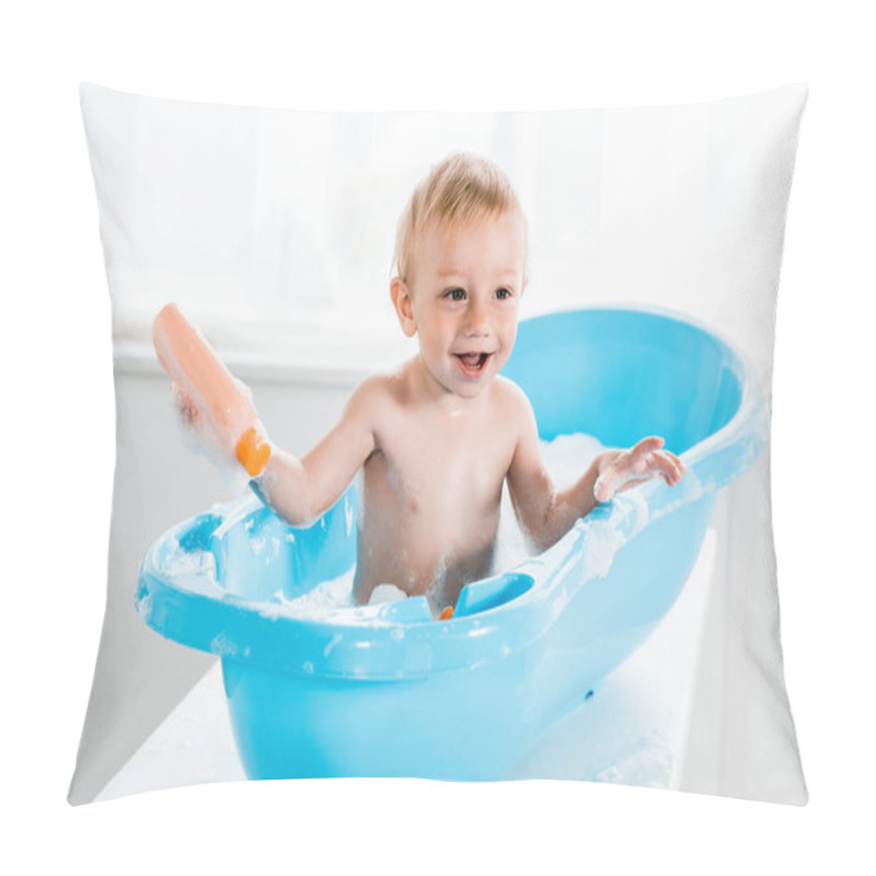 Personality  Happy Toddler Kid Smiling While Taking Bath In Blue Baby Bathtub And Holding Bottle With Shampoo  Pillow Covers