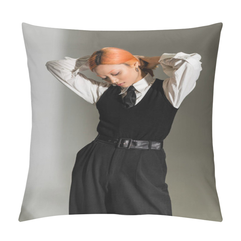 Personality  Fashionable Asian Woman With Dyed Red Hair, In Black And White Business Casual Clothes Posing With Hands Behind Head On Grey Shaded Background, Youthful Style, Generation Z, Youth Culture Pillow Covers