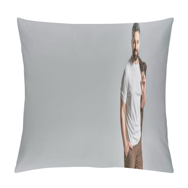 Personality  A Bearded Man Strikes A Pose In Elegant Attire Against A Gray Backdrop In A Studio Setting. Pillow Covers