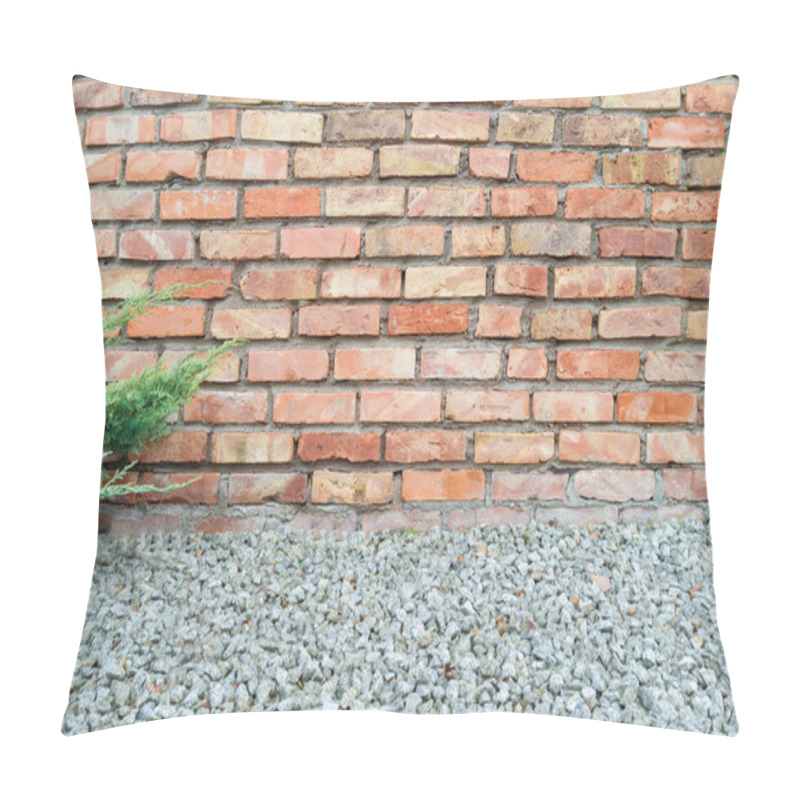 Personality  Red Brick Wall With Green Plant And Gravel Foreground Pillow Covers