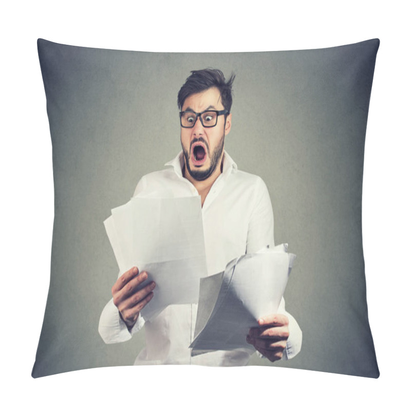 Personality  Young Shocked Guy In Glasses Looking At Papers Bank Documents With List Of Bills And Fees And Feeling Stressed On Gray Background Pillow Covers