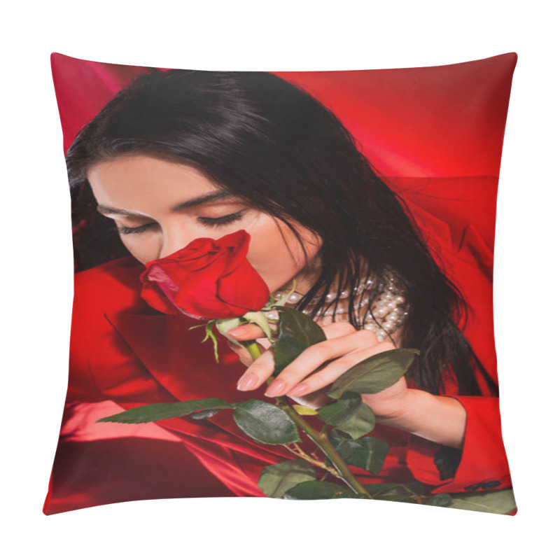 Personality  Brunette Woman In Pearl Necklace Holding Rose Near Face On Red Background  Pillow Covers