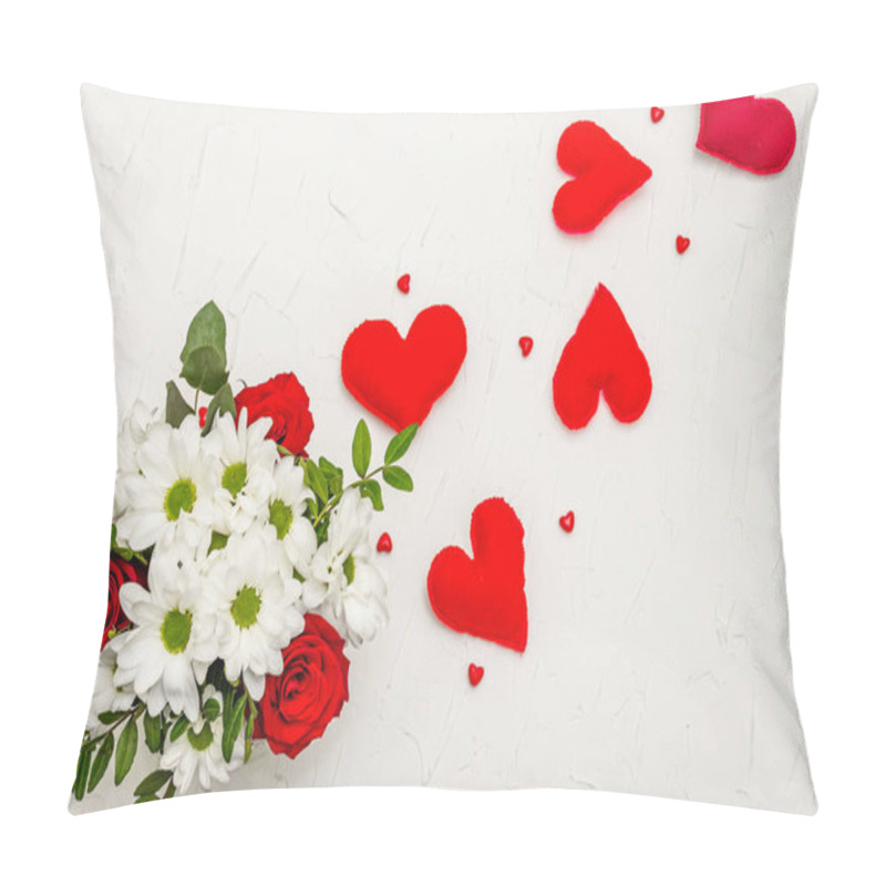 Personality  A Bouquet Of Fresh Flowers And Red Felt Hearts. Valentine's Day Or Wedding Concept. White Putty Background Pillow Covers