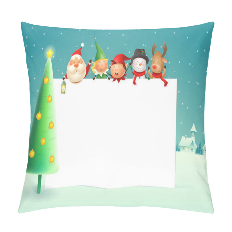 Personality  Christmas Poster Template With Santa Claus Elves Snowman Reindeer And Christmas Tree - Winter Landscape On Background Pillow Covers