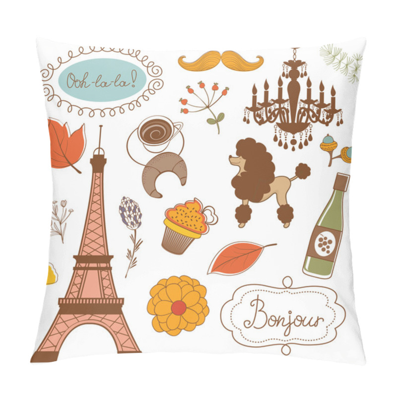 Personality  Autumn In Paris. Elegant Set With Eiffel Tower Flowers Birds   Cupcakes And Other Graphic Elements. Pillow Covers