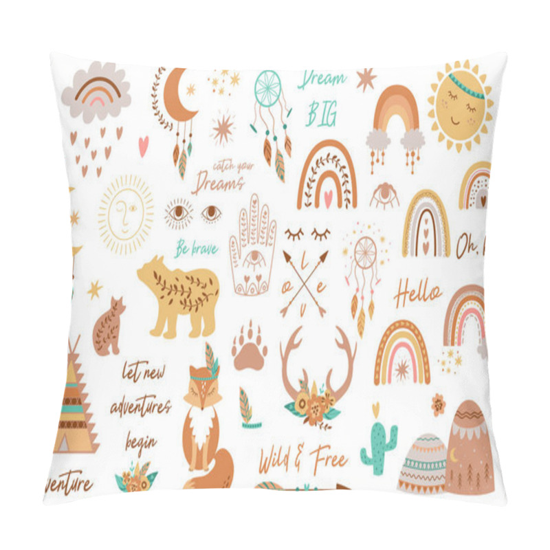 Personality  Tribal Kids Set Elements. Boho Teepee, Rainbow, Arrow, Moon, Sun, Boho Animals, Dream Catcher, Deer Horns, Hamsa Hand, Fox, Bear, Mountains. Aztec Boho Chic Cute Baby Illustration Logo Collection Pillow Covers