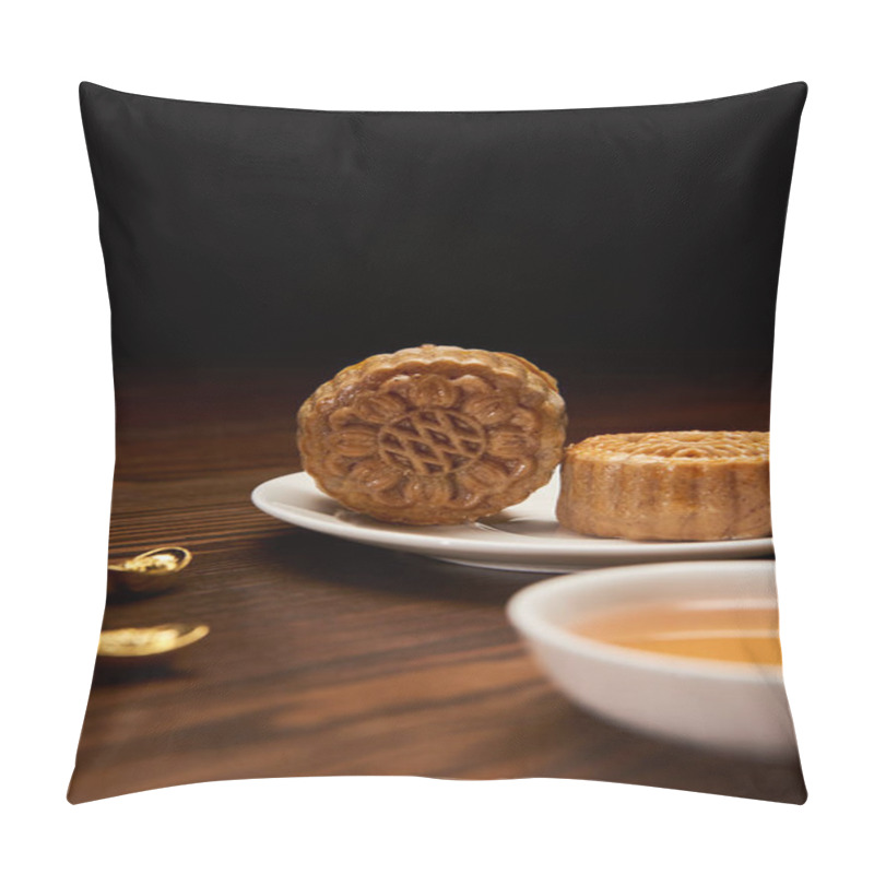 Personality  Selective Focus Of Mooncakes With Tea Cup And Gold Ingots Isolated On Black Pillow Covers