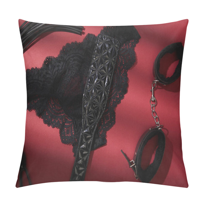 Personality  Top View Of Black Sex Toys And Female Panties On Red Background Pillow Covers