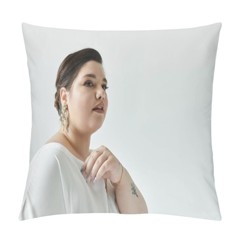 Personality  A Stunning Plus Size Bride Radiates Elegance In A White Gown And Sparkling Earrings, Set Against A Grey Background. Pillow Covers