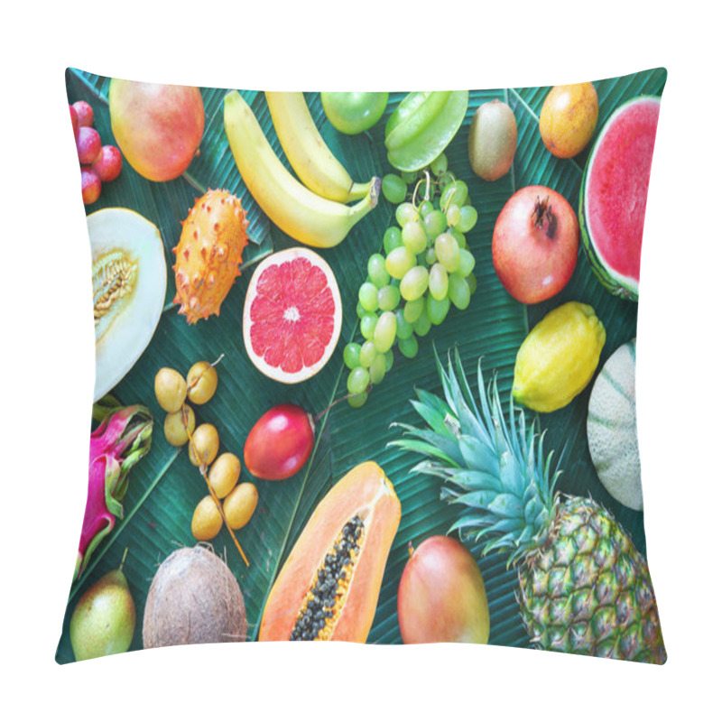 Personality  Assortment Of Tropical Fruits On Leaves Of Palm Trees. Top View Pillow Covers