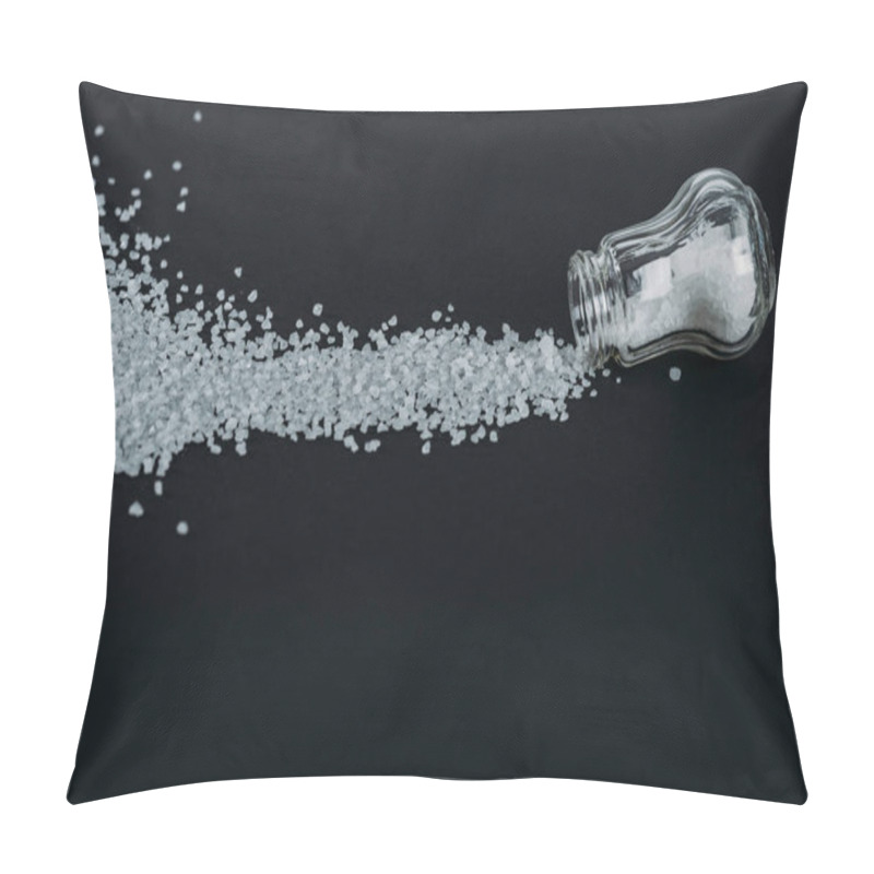 Personality  Top View Of Salt Shaker Near Sprinkled Salt Crystals On Black Background Pillow Covers