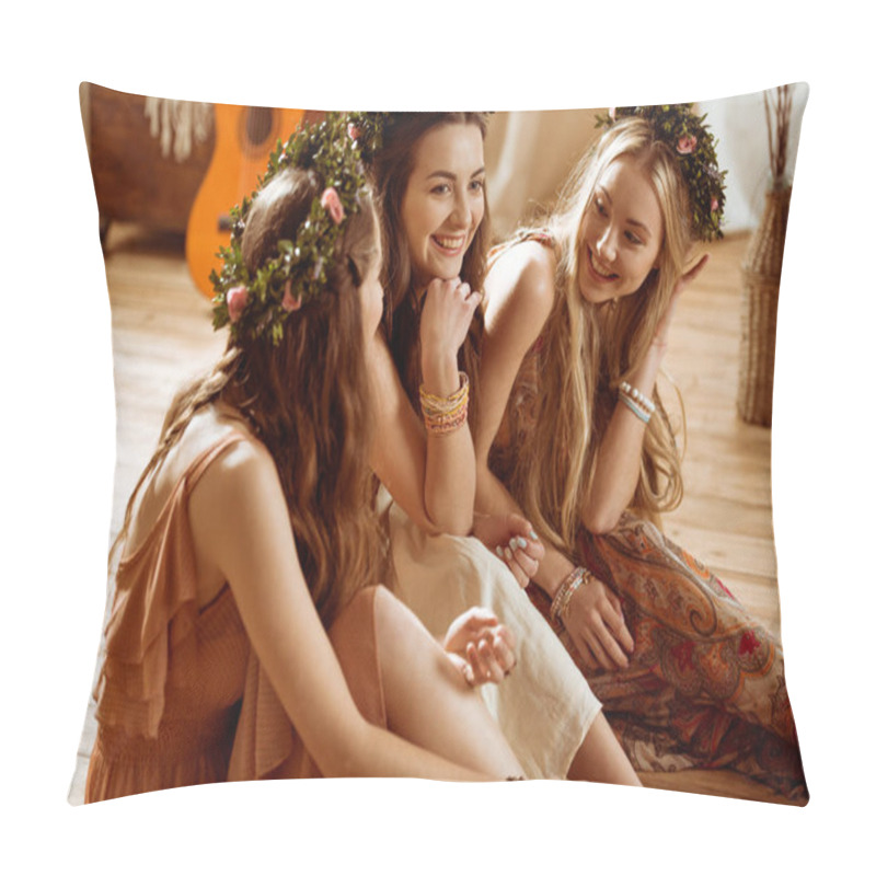 Personality  Women In Boho Style And Floral Wreaths Pillow Covers