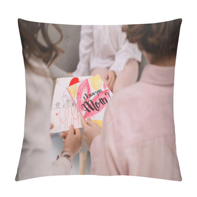 Personality  Cropped Shot Of Children Presenting Mothers Day Greeting Card For Mother Pillow Covers