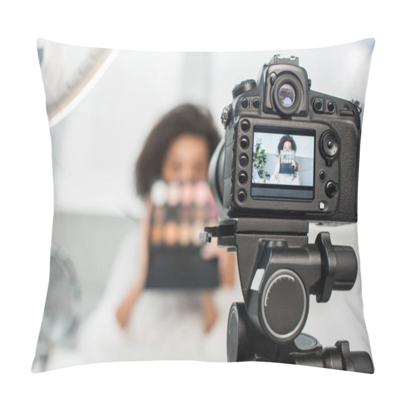 Personality  Selective Focus Of Digital Camera With Curly African American Video Blogger Covering Face While Holding Eye Shadow Palette On Display  Pillow Covers