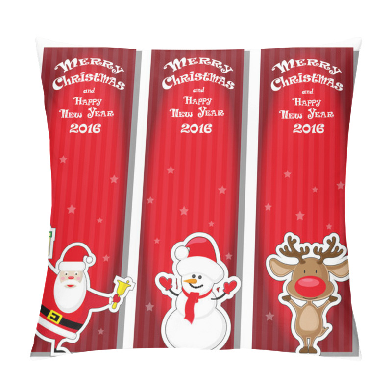 Personality  Set Vector Christmas Banner With Santa Claus, Snowman, Deer And Hand Drawn Text Merry Christmas And Happy New Year 2016 On Red Gradient Striped Background Pillow Covers