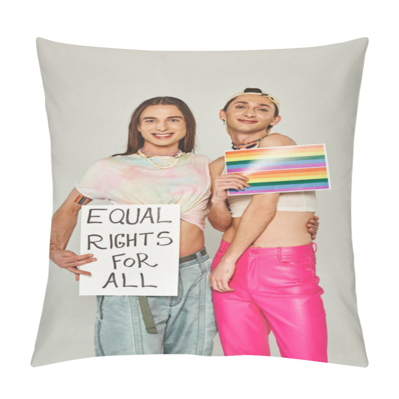 Personality  Happy And Tattooed Lgbt Friends Holding Rainbow Flag Picture And Placard With Equal Rights For All Lettering While Standing Together On Pride Day, Grey Background  Pillow Covers