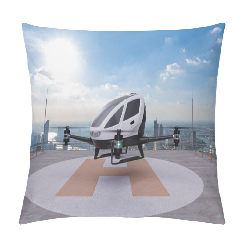 Personality  Autonomous Driverless Aerial Vehicle Takeoff On Building Rooftop, 3d Render Pillow Covers