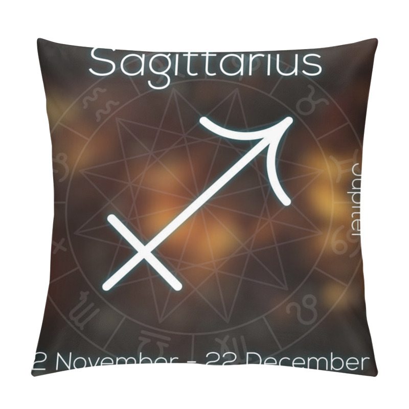 Personality  Zodiac Sign - Sagittarius. White Line Astrological Symbol With Caption, Dates, Planet And Element On Blurry Abstract Background With Astrology Chart. Pillow Covers