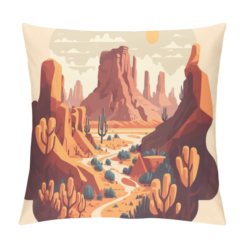 Personality  Illustration Of Grand Canyon. Desert Landscape With Mountains And River. In Flat Style Vector Pillow Covers