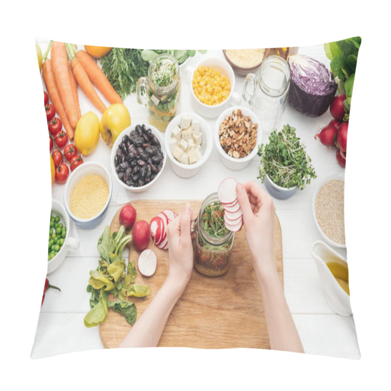 Personality  Cropped View Of Woman Adding Radish Slices In Glass Jar On Wooden White Table Pillow Covers