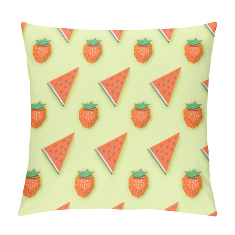 Personality  Top View Of Seamless Pattern With Handmade Paper Strawberries And Watermelon Slices Isolated On Green Pillow Covers