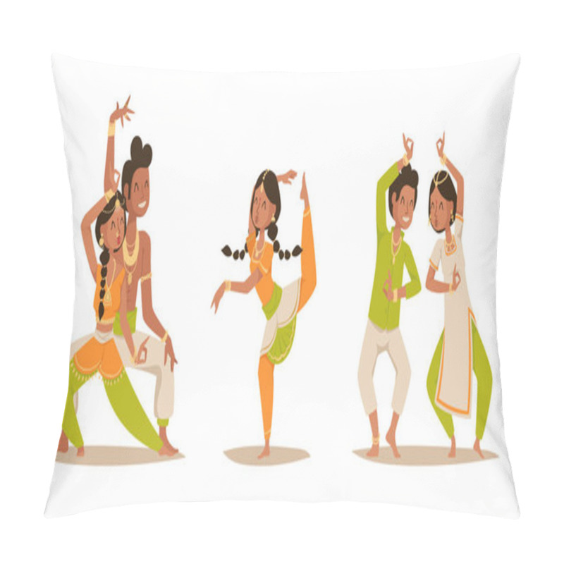 Personality  Indian Woman Man Dancing Vector Isolated Dancers Silhouette Icons People India Dance Show Party Movie, Cinema Cartoon Beauty Girl Sari Illustration Pillow Covers