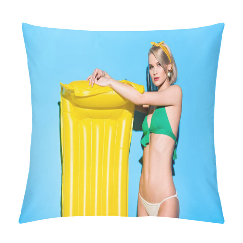 Personality  Beautiful Stylish Girl Posing In Bikini With Yellow Inflatable Mattress On Blue Pillow Covers