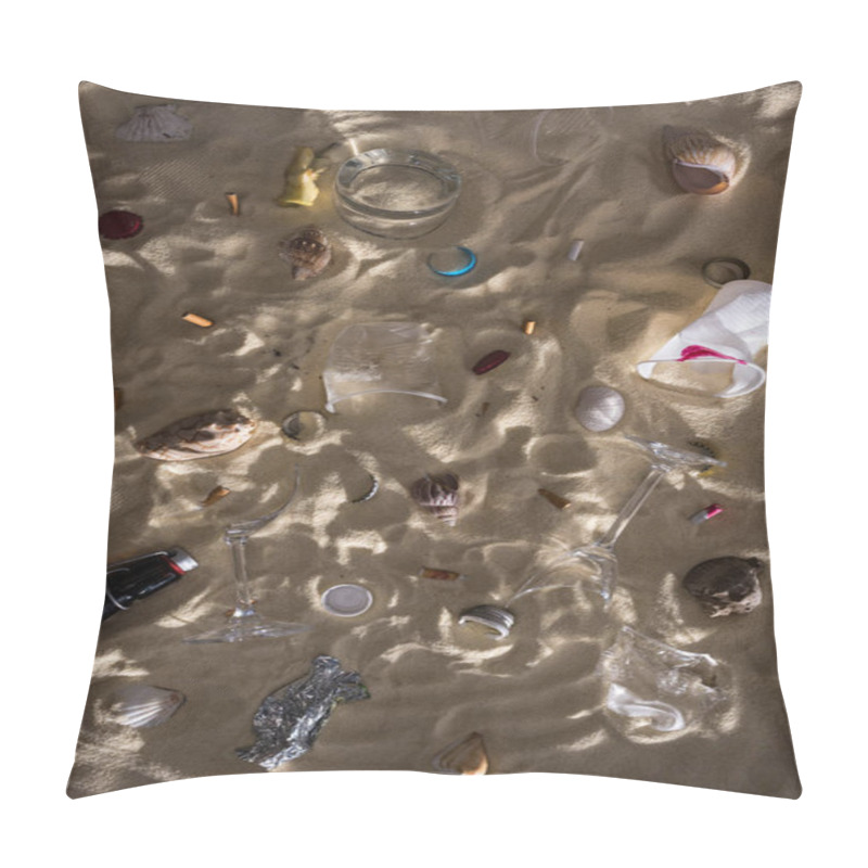 Personality  Top View Of Seashells, Glass Bottle, Scattered Cigarette Butts, Broken Glasses, Apple Core, Plastic Cups And Candy Wrapper On Sand With Shadows Pillow Covers