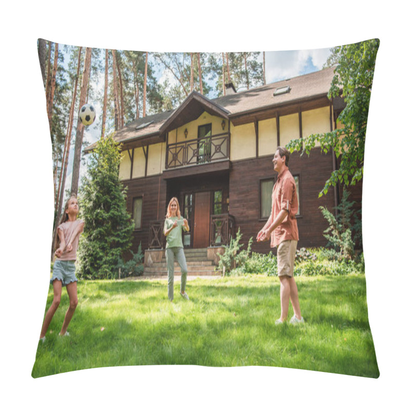 Personality  Positive Family Playing Volleyball On Lawn Near Vacation House  Pillow Covers