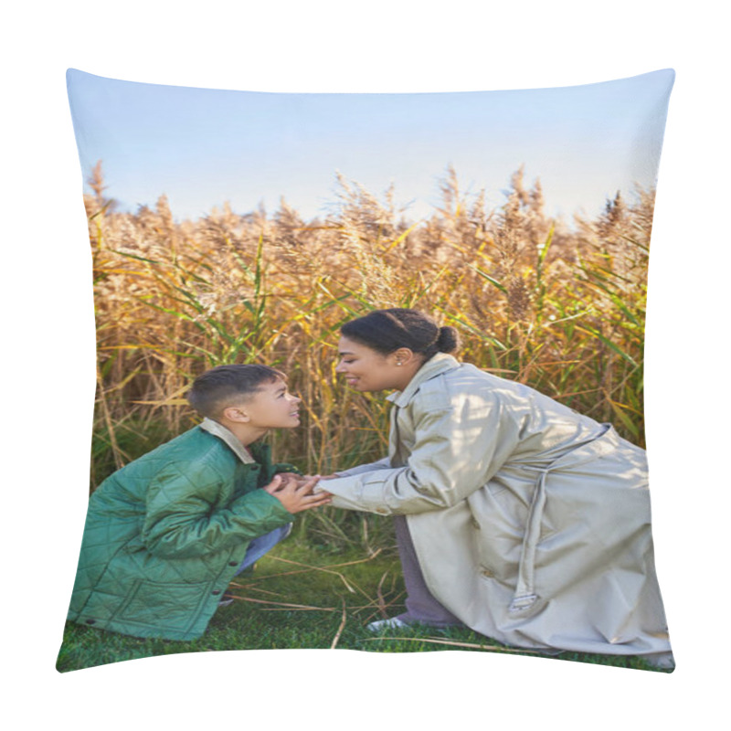 Personality  Motherly Love, African American Mother In Autumnal Clothes Holding Hands Of Son, Fall Season Pillow Covers