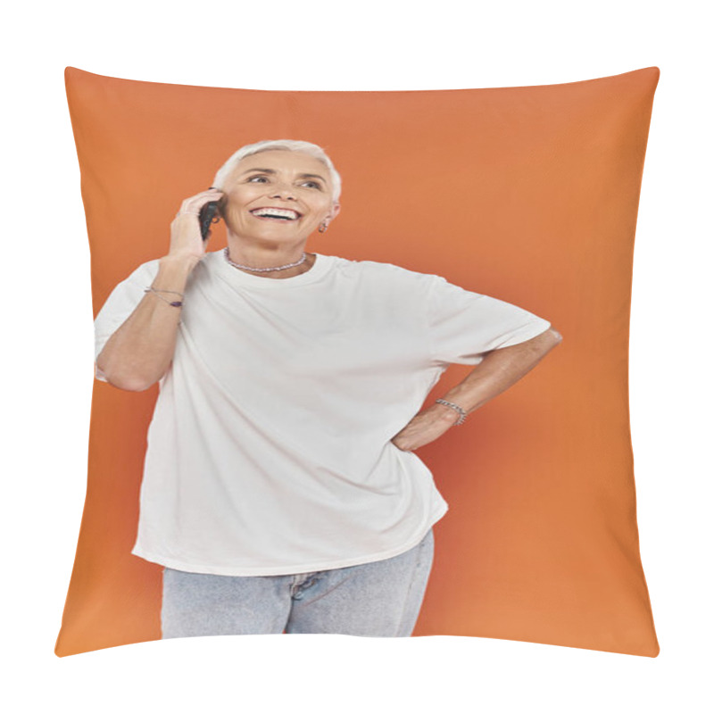 Personality  A Stylish Woman Enjoys A Cheerful Phone Conversation, Exuding Confidence And Warmth. Pillow Covers