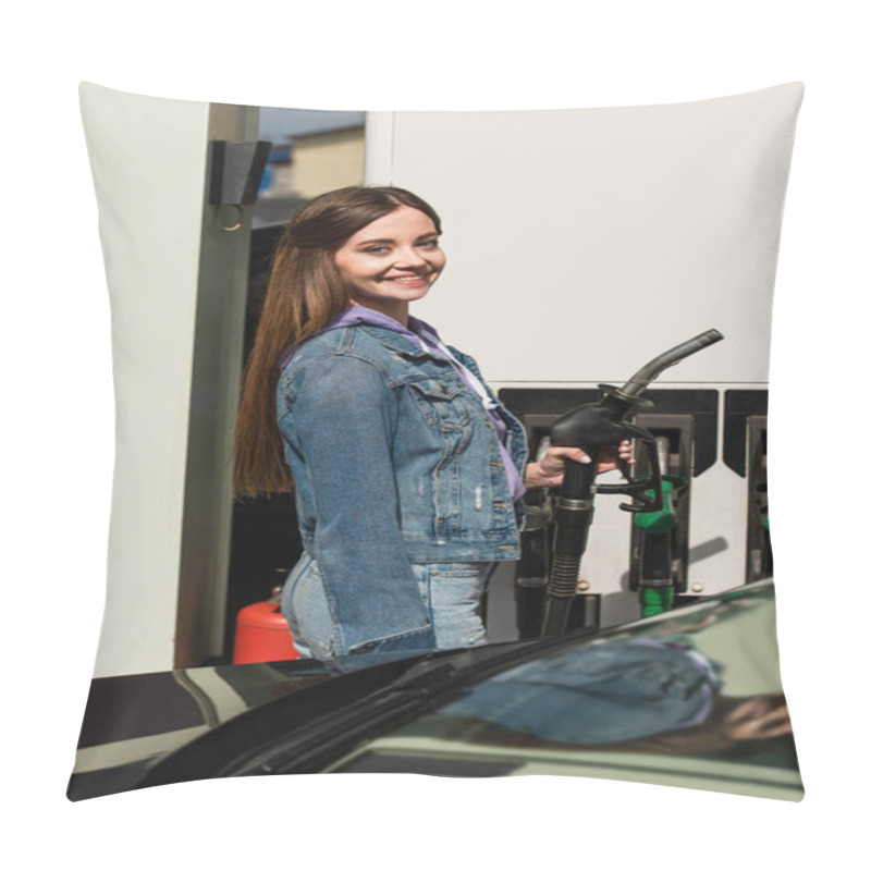 Personality  Happy Young Woman Smiling At Camera While Holding Fuel Pistol On Gasoline Station Pillow Covers