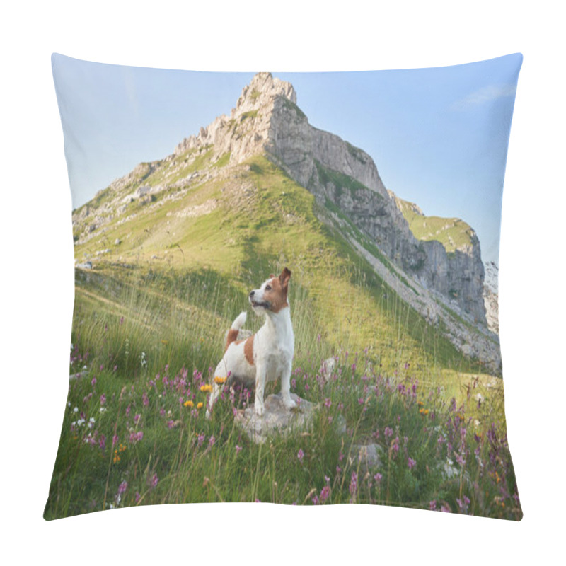 Personality  Jack Russell Terrier Dog Stands Alert In Alpine Wildflowers, Mountain Peaks In The Background. This Image Evokes The Joy Of Hiking With A Loyal Pet Pillow Covers